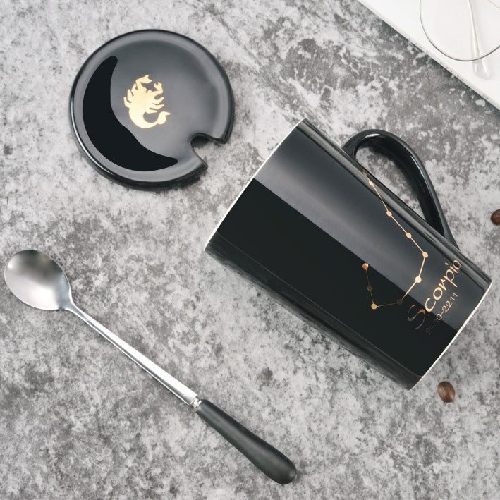 12 Zodiac Signs Black Ceramic Mug with Lid Spoon