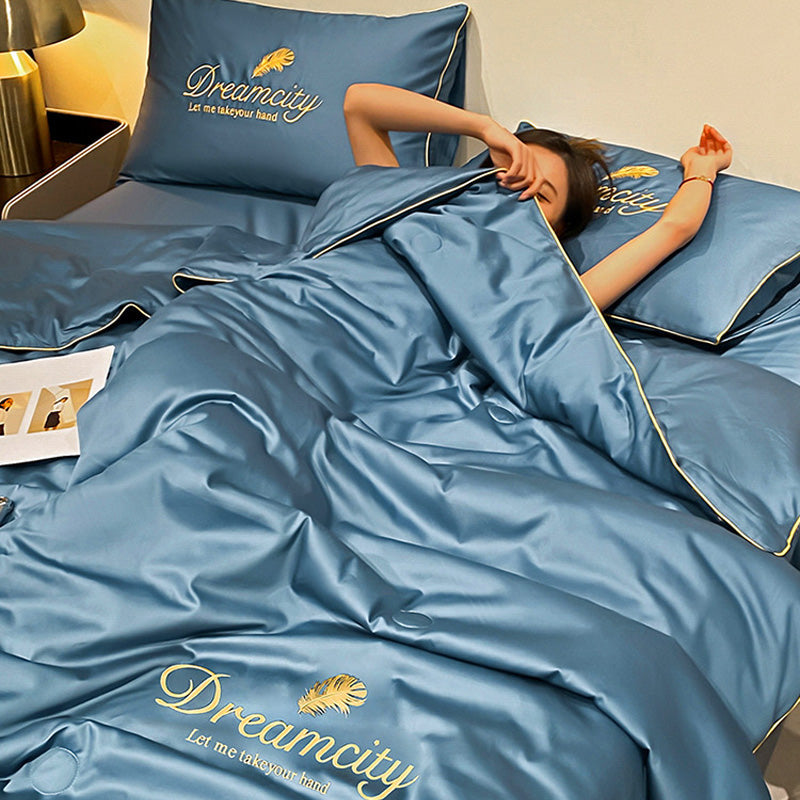 Bedding Set Blue Silk Cooling Summer Quilt