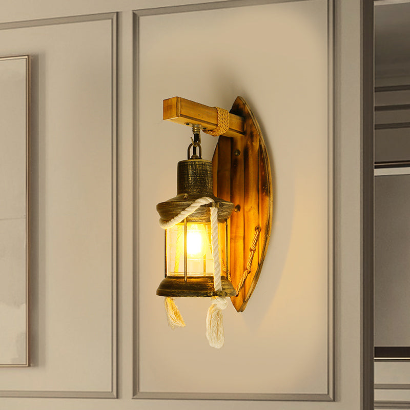 Single Bulb Wall Light Sconce Rustic Style Lantern Clear Glass Wall Mounted Lamp in Antique Bronze