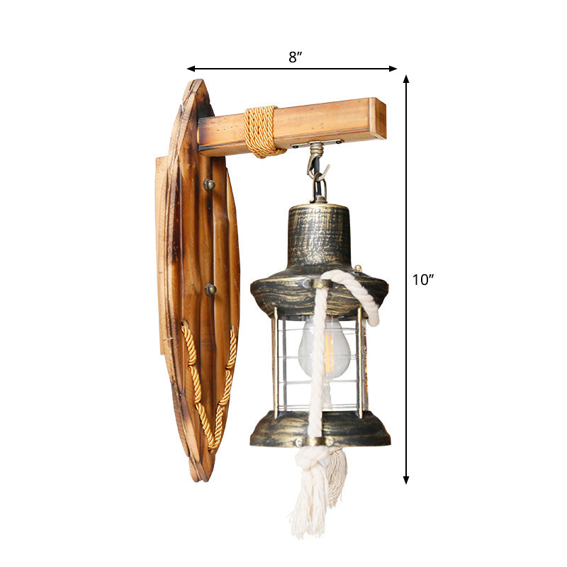 Single Bulb Wall Light Sconce Rustic Style Lantern Clear Glass Wall Mounted Lamp in Antique Bronze