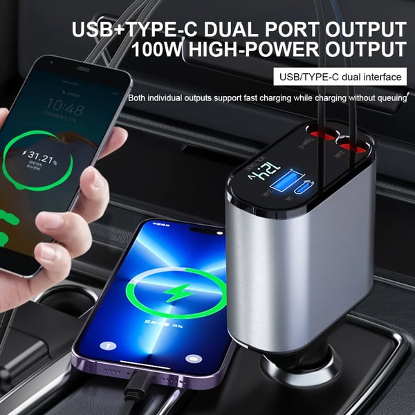 VoltEdge Retractable Car Charger – Universal Fast Charger 80 cm