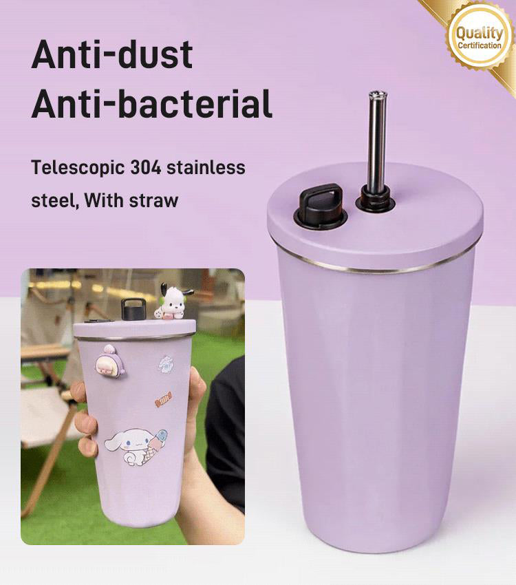 Cup with collapsible straw