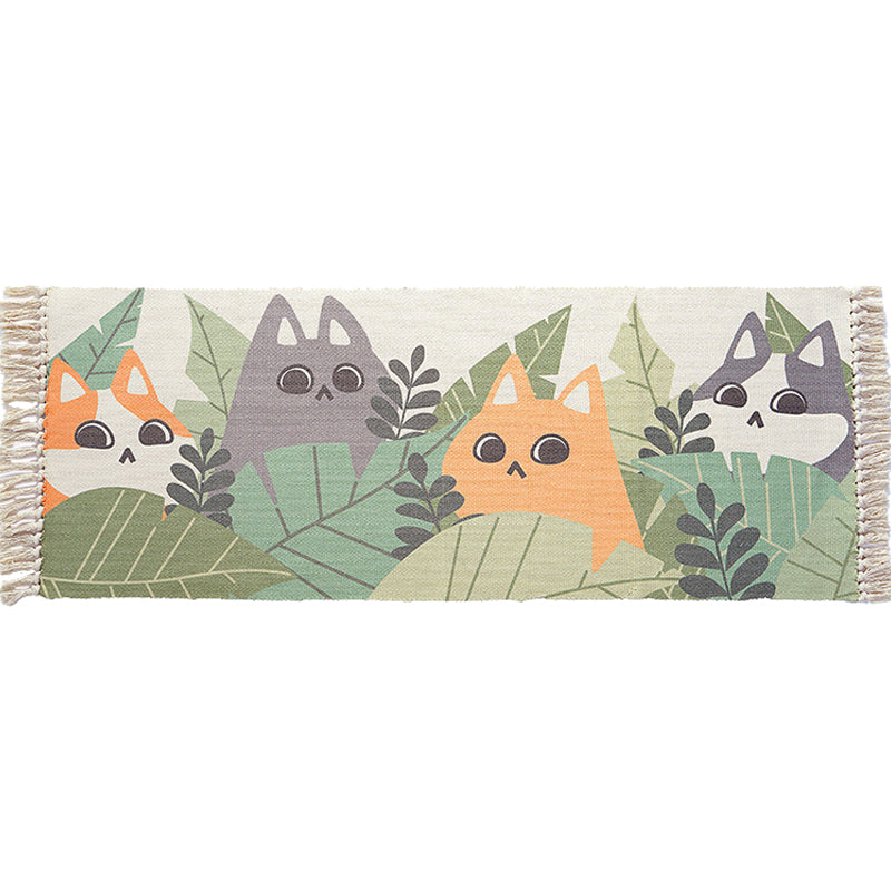 Green and ivory children's rug Kids Animal Cat Fish Pattern Area Rug Cotton Pet-friendly Carpet with Fringe