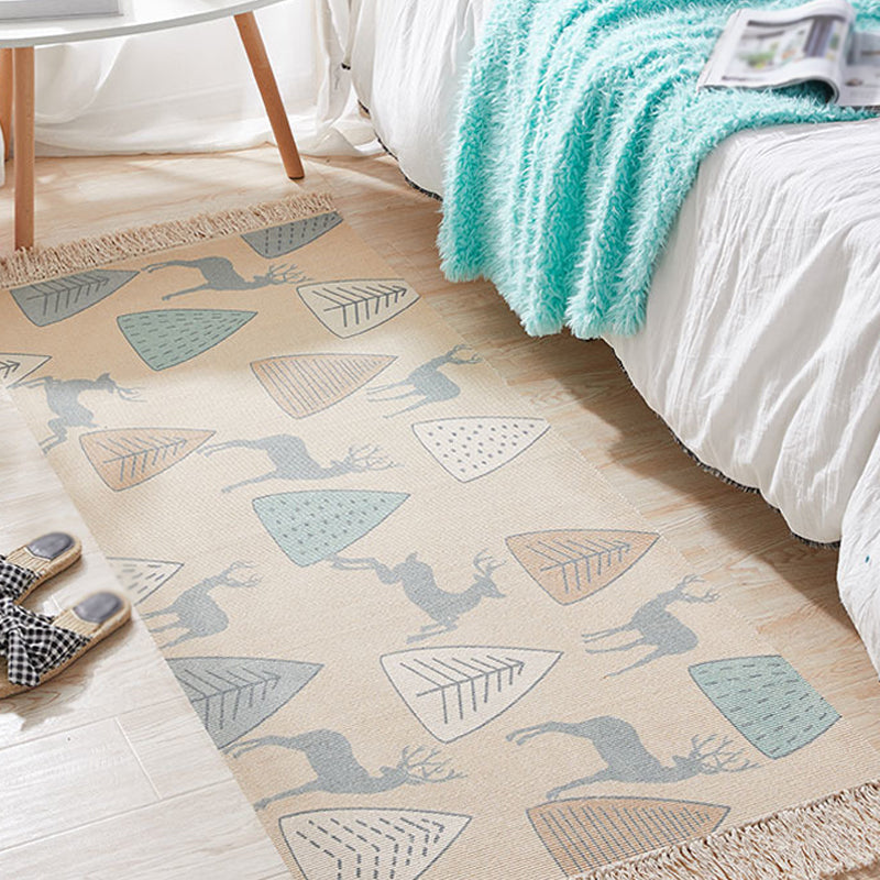 Unique Kids Rug in Ivory Animal Deer Tree Pattern Rug Cotton and Linen Washable Fringe Carpet for Children's Room