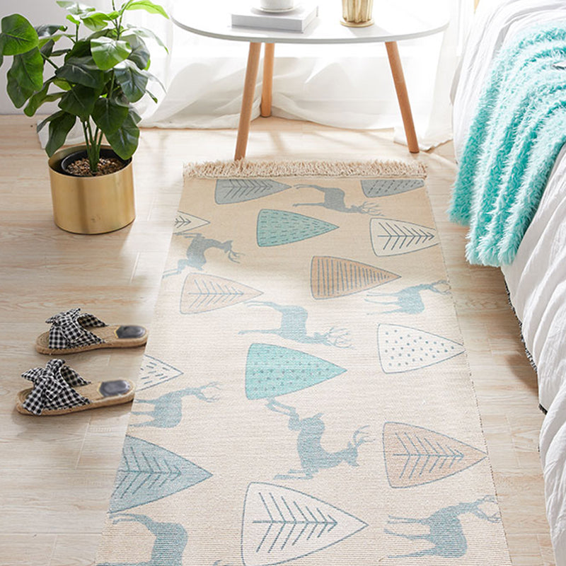 Unique Kids Rug in Ivory Animal Deer Tree Pattern Rug Cotton and Linen Washable Fringe Carpet for Children's Room