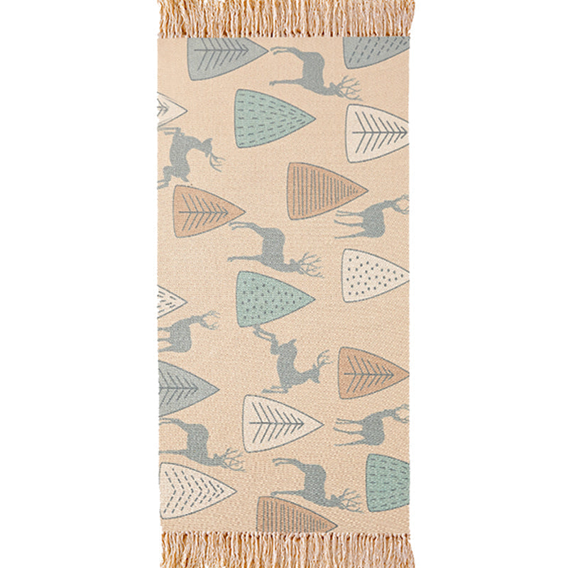 Unique Kids Rug in Ivory Animal Deer Tree Pattern Rug Cotton and Linen Washable Fringe Carpet for Children's Room
