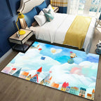 Beautiful Children's Rug in Blue and Pink with Fairy Tale Castle Balloon Pattern Rug Polyester Washable Rug for the Children's Room