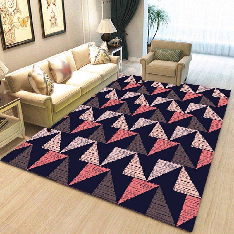 Black Bedroom Rug Modern Geometric Triangle Pattern Area Rug Polyester Stain Resistant Rug