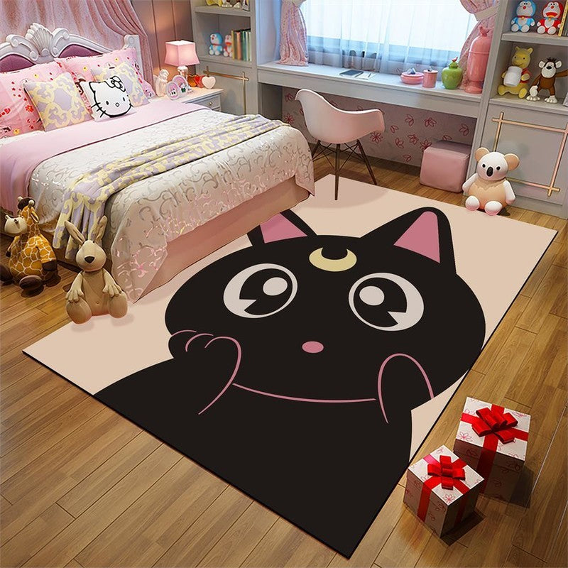 Kids' Room Rug in Black and Pink with Animal Motif - Chicken, Unicorn, Pig - Polyester Non-Slip Rug