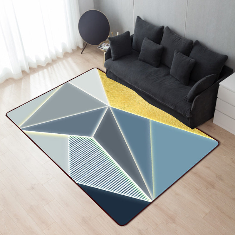 Blue Bedroom Rug Modern Color Block Geometric Cut Area Rug Polyester Machine Washable Rug