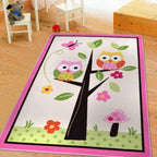 Children Children's Room Rug in Pink and Green Animal Owl Flower Tree Print Rug Polyester Stain Resistant Area Rug