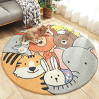 Stylish children's rug in green and brown with animal cat, leopard, and rabbit pattern, washable wool rug for the children's room