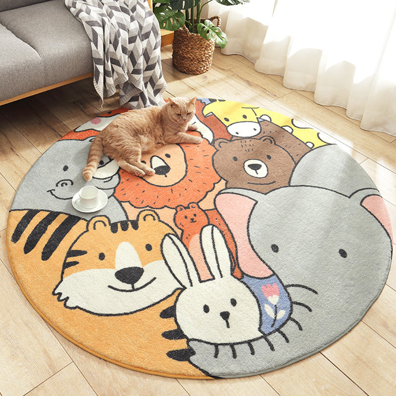 Stylish children's rug in green and brown with animal cat, leopard, and rabbit pattern, washable wool rug for the children's room