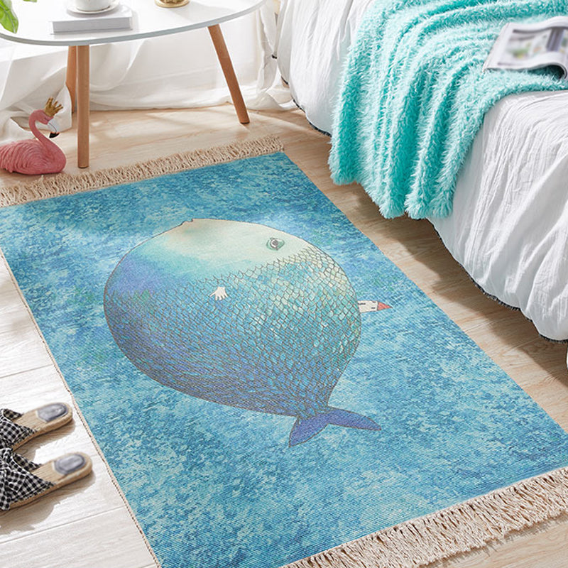Blue Children's Room Carpet Children's Animal Fish Pattern Carpet made of Cotton and Linen Washable Carpet with Fringes