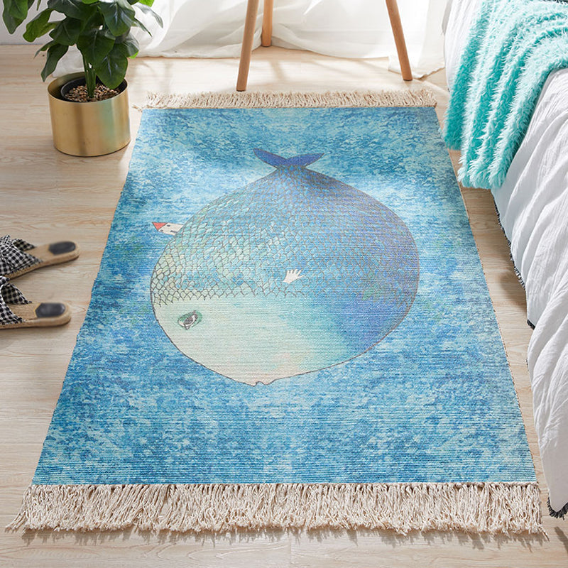 Blue Children's Room Carpet Children's Animal Fish Pattern Carpet made of Cotton and Linen Washable Carpet with Fringes