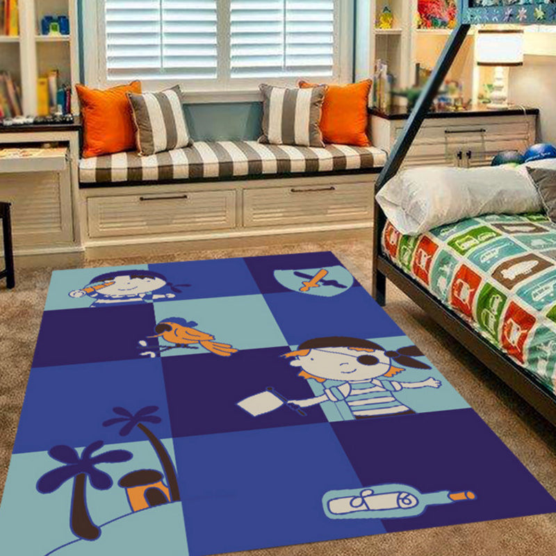 Pink and Blue Children's Room Rug Animals Bird Elephant Giraffe Pattern Area Rug Polyester Non-slip Carpet