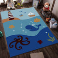 Blue and Black Children's Carpet Fairy Tale Whale Ocean Pencil Pattern Carpet Polyester Washable Carpet