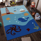 Blue and Black Children's Carpet Fairy Tale Whale Ocean Pencil Pattern Carpet Polyester Washable Carpet