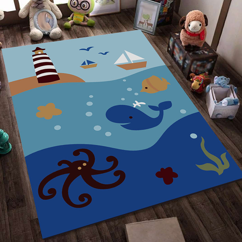 Blue and Black Children's Carpet Fairy Tale Whale Ocean Pencil Pattern Carpet Polyester Washable Carpet