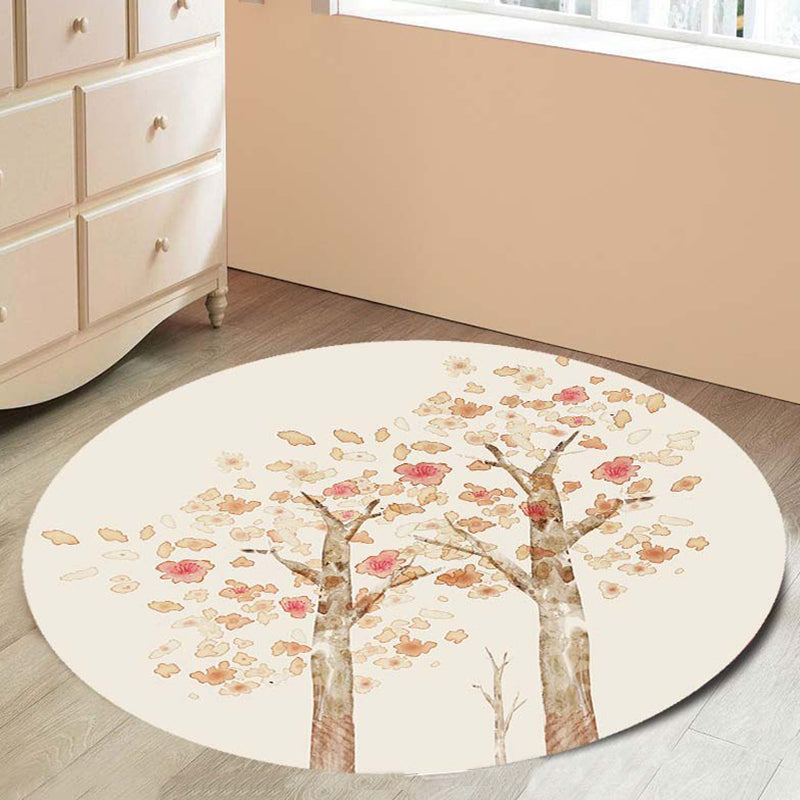 Casual Kids Rug in Ivory Botanical Tree Pattern Rug Polyester Pet-Friendly Rug for the Children's Room