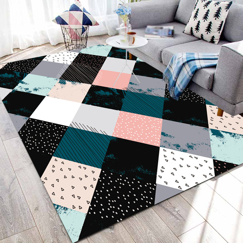 Multicolored Bedroom Rug Modern Geometric Square Pattern Area Rug Polyester Washable Pet-Friendly Rug