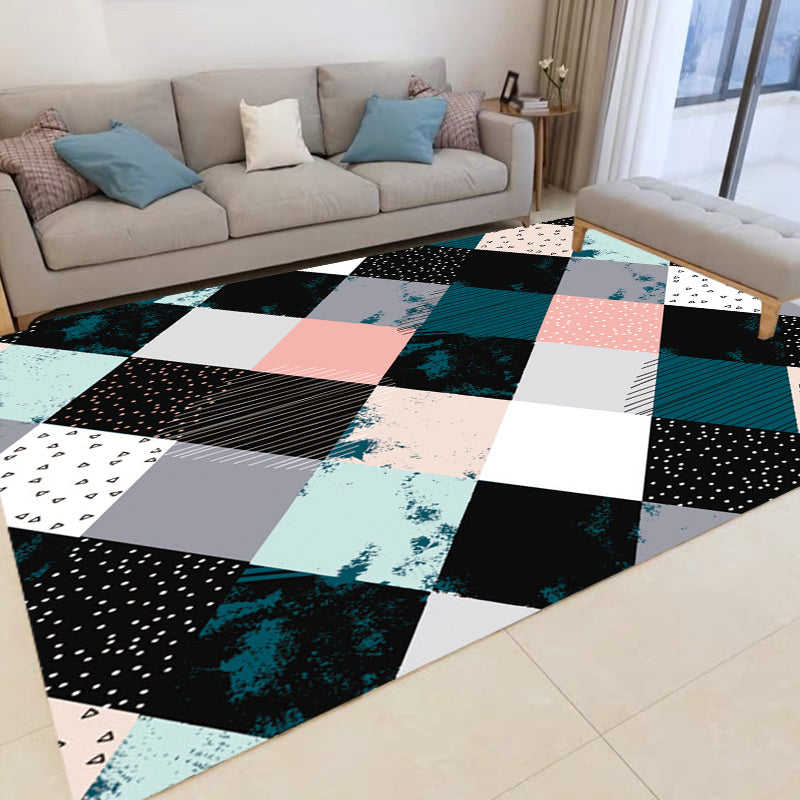 Multicolored Bedroom Rug Modern Geometric Square Pattern Area Rug Polyester Washable Pet-Friendly Rug