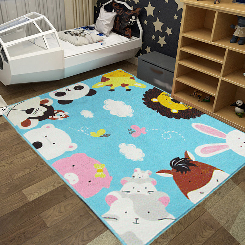 Cute Kids Rug in Green and Blue Animals Lion Panda Penguin Pattern Rug Polyester Non-Slip Carpet for Children's Room