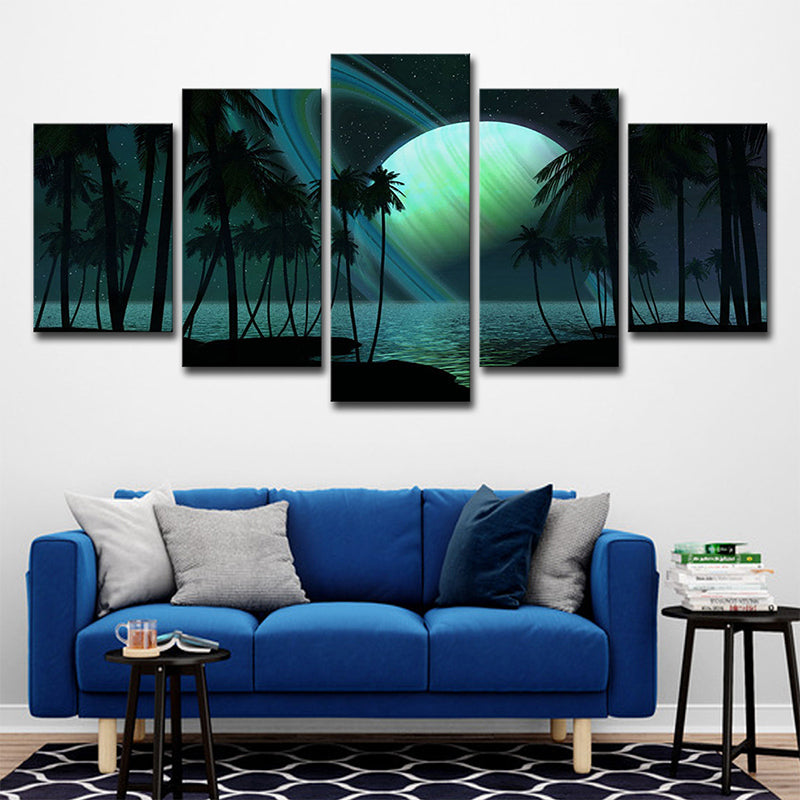 Tropics Night Zeeland Landscape Canvas Green Ring Planet Wall Art Print for Family Room
