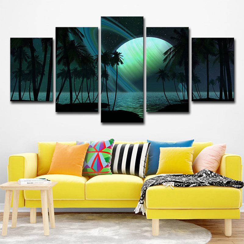 Tropics Night Zeeland Landscape Canvas Green Ring Planet Wall Art Print for Family Room