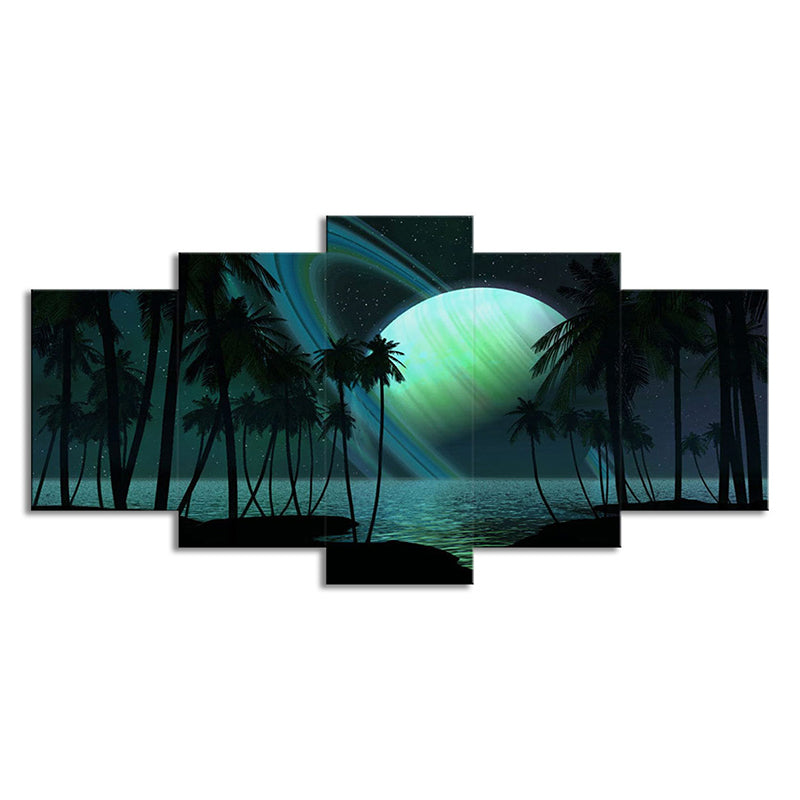 Tropics Night Zeeland Landscape Canvas Green Ring Planet Wall Art Print for Family Room