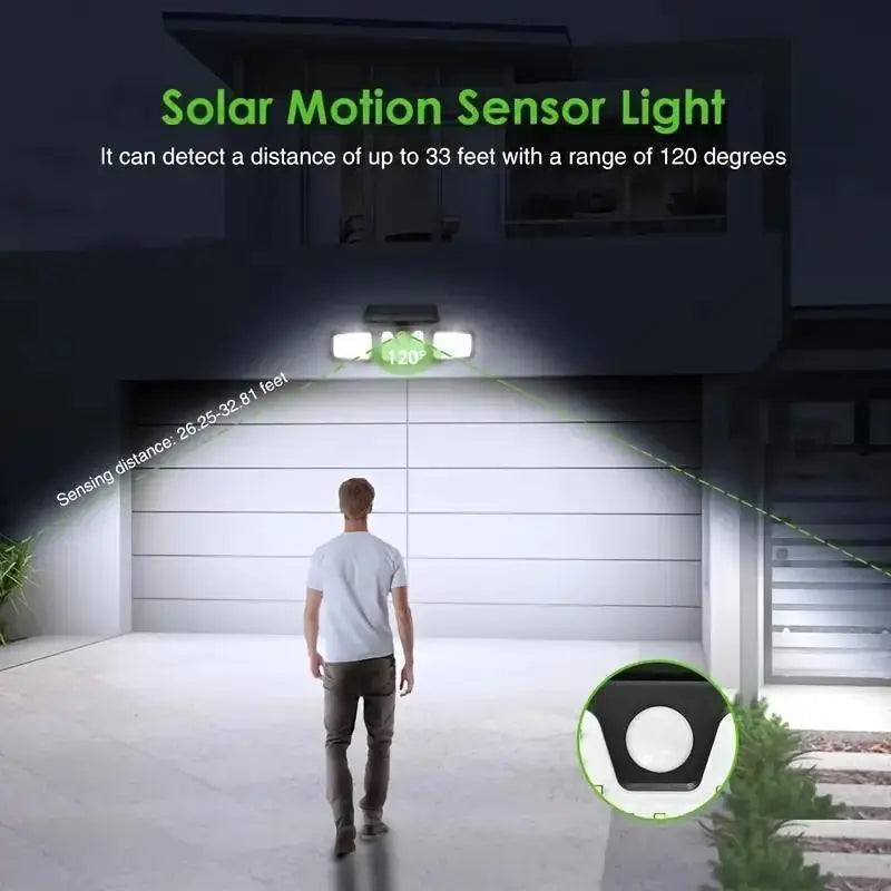 Solar LED floodlight with motion sensor – 3-beam outdoor lighting for garden, yard, and garage