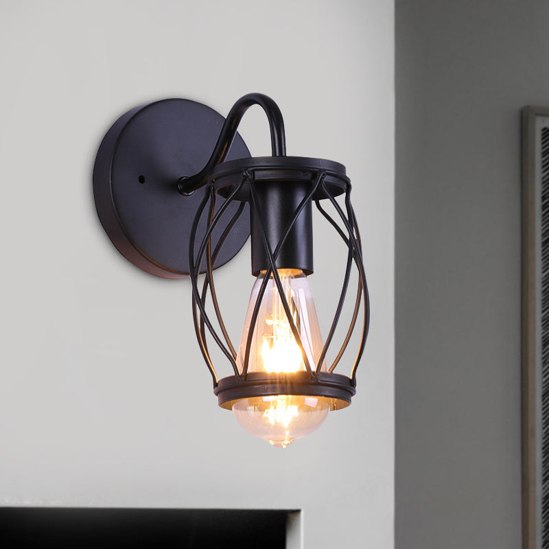Waist Drum Frame Restaurant Wall Lamp Vintage Metallic 1 Light Black Wall Mounting Lighting Fixture