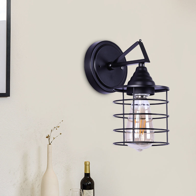 Metal Cylindrical Frame Wall Lamp Farm 1 Bulb Dining Room Wall Mounted Light in Black