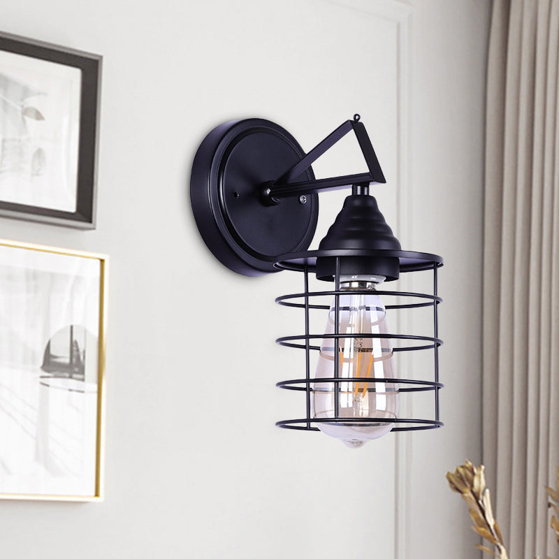 Metal Cylindrical Frame Wall Lamp Farm 1 Bulb Dining Room Wall Mounted Light in Black