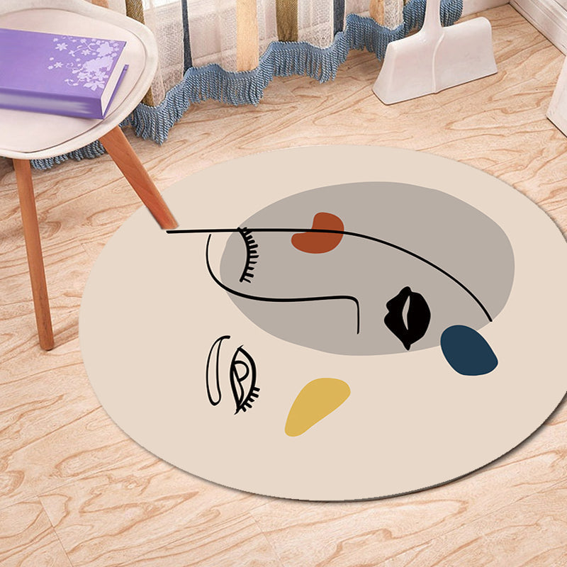 Ivory Irregular Bedroom Rug Novelty Abstract Face Pattern Area Rug Polyester Anti-Slip Back Rug