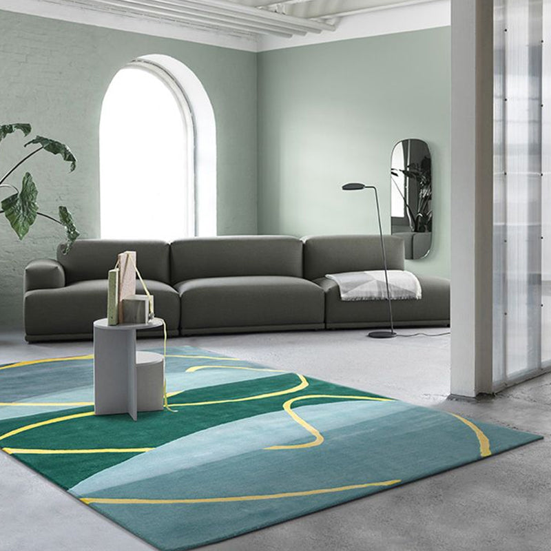 Blue and Green Abstract Carpet Polyester Modernist Carpet Washable Pet-Friendly Area Rug for the Living Room