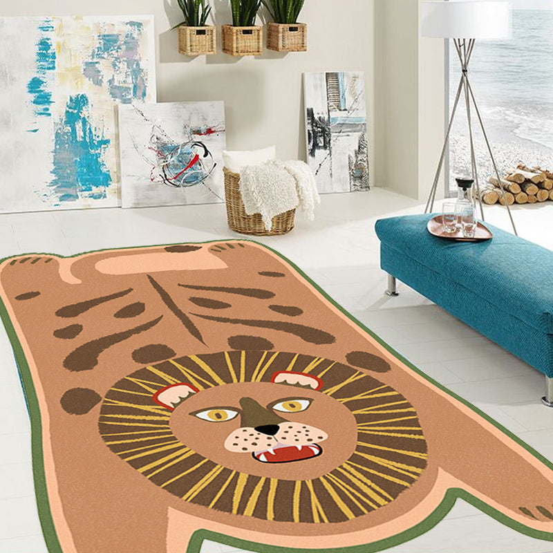 Yellow and Brown Irregular Rug Children's Room Animal Tiger Leopard Lion Pattern Rug Polyester Stain Resistant Carpet