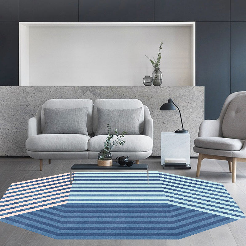 Modern Novelty Irregular Rug in Blue Stripe Pattern Rug Polyester Washable Rug for Home Decoration