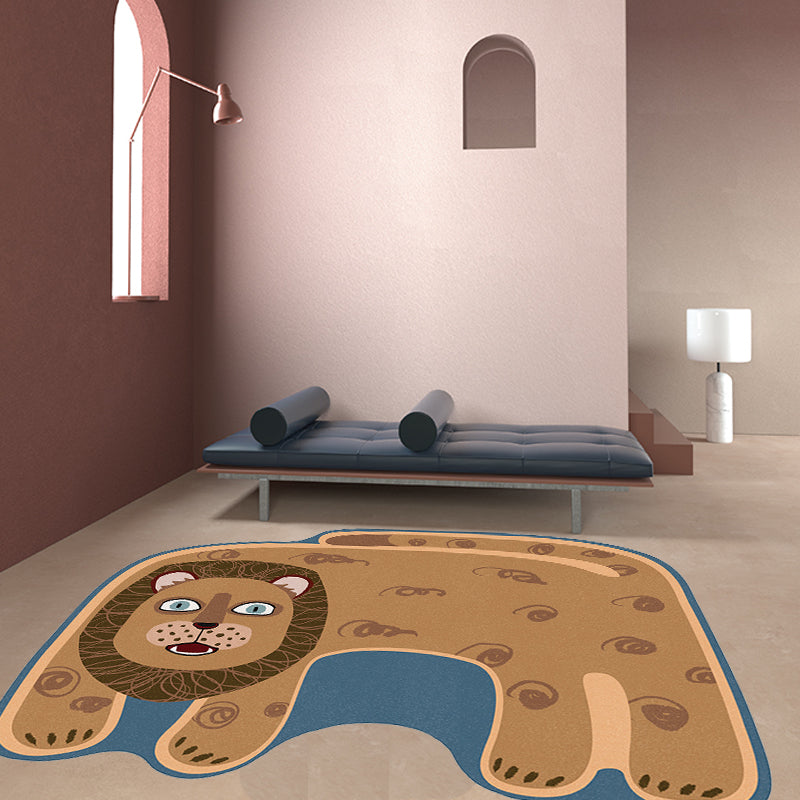 Kids Irregular Bedroom Carpet in Red and Brown Animal Tiger Lion Leopard Print Carpet Polyester Non-Slip Base Carpet