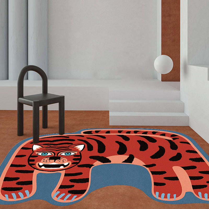 Kids Irregular Bedroom Carpet in Red and Brown Animal Tiger Lion Leopard Print Carpet Polyester Non-Slip Base Carpet