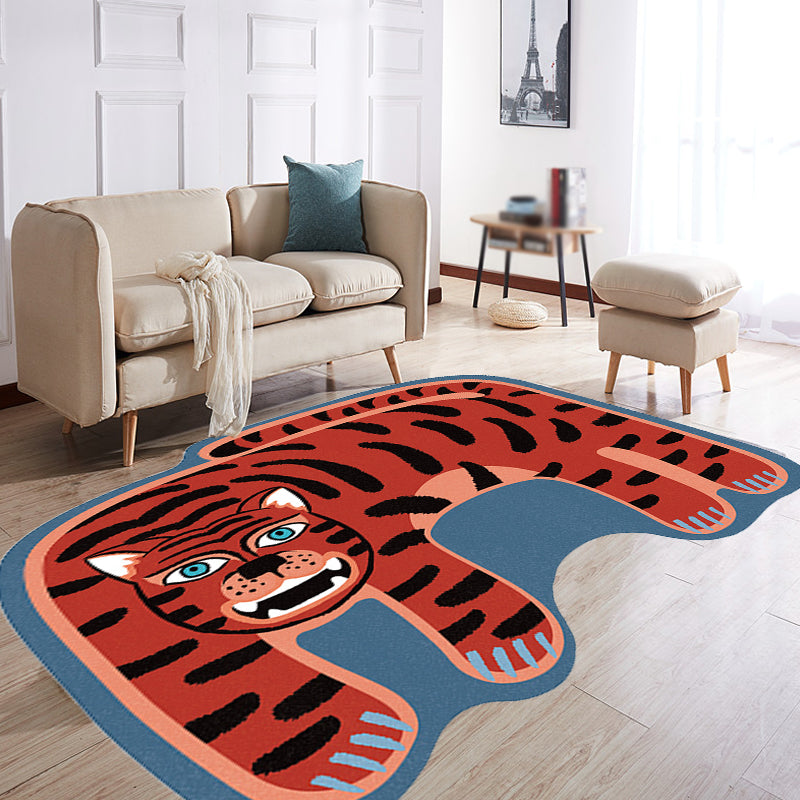 Kids Irregular Bedroom Carpet in Red and Brown Animal Tiger Lion Leopard Print Carpet Polyester Non-Slip Base Carpet