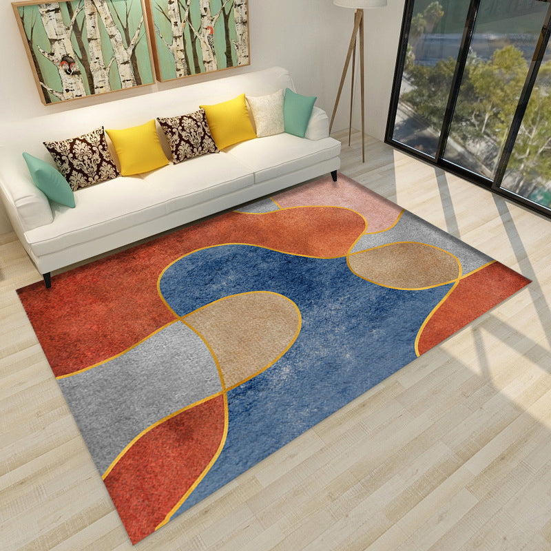 Modern living room rug in brown and blue color block twisted lines print rug polyester non-slip backing rug