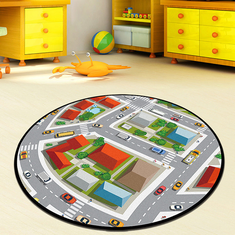 Gray and Green Kids Rug Polyester Road Pattern Rug Pet Friendly Washable Non-Slip Backing Carpet for Decoration