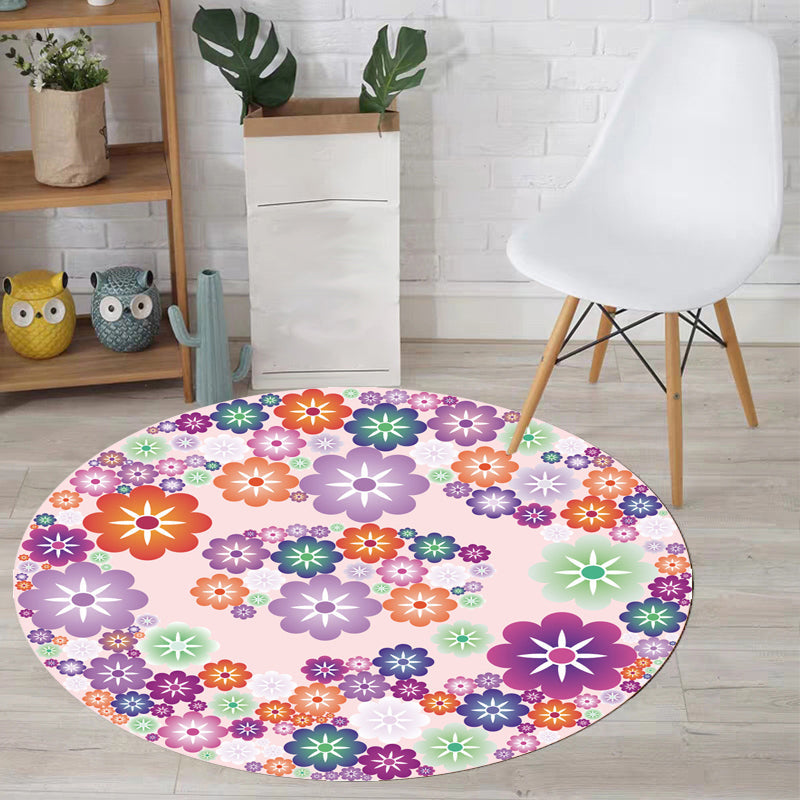 Unique Flower Pattern Carpet Pink and Orange Child's Carpet Polyester Pet Friendly Washable Non-Slip Back Carpet for the Children's Room