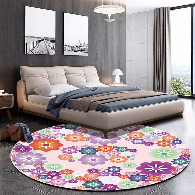 Unique Flower Pattern Carpet Pink and Orange Child's Carpet Polyester Pet Friendly Washable Non-Slip Back Carpet for the Children's Room