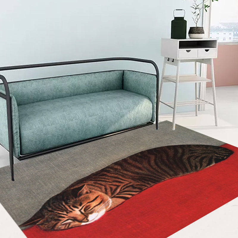 Novelty Cat Pattern Carpet Red and Black Polyester Washable Pet-Friendly Area Rug for Decoration