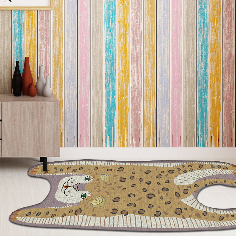 Kids Irregular Bedroom Carpet in Yellow and Purple Animal Leopard Pattern Rug Polyester Non-Slip Base Rug