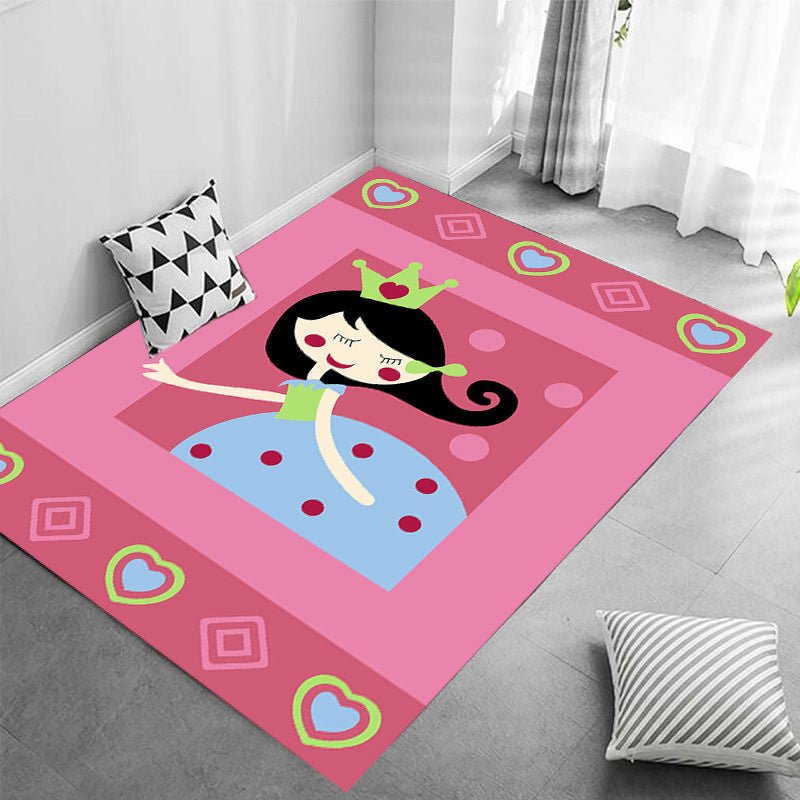 Cute Cartoon Character Pattern Rug Pink Kids Rug Polyester Washable Pet Friendly Non-Slip Rug for the Nursery