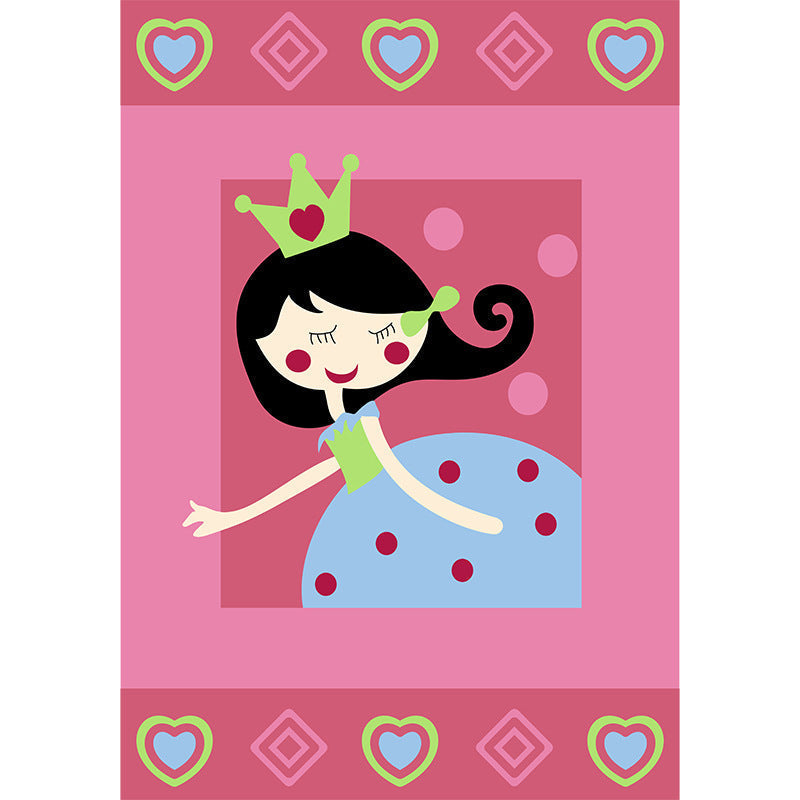 Cute Cartoon Character Pattern Rug Pink Kids Rug Polyester Washable Pet Friendly Non-Slip Rug for the Nursery