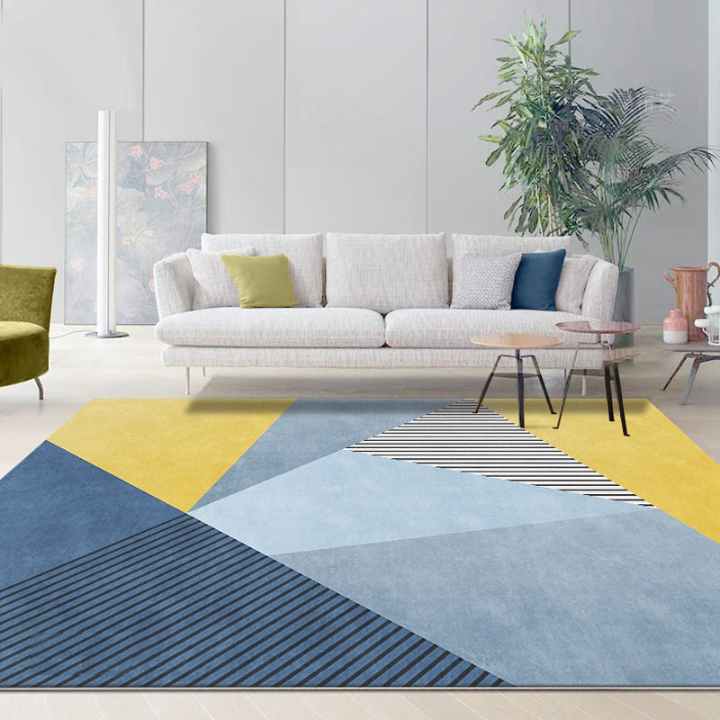 Simple color block carpet with striped pattern blue and yellow polyester carpet washable pet-friendly non-slip carpet for the living room